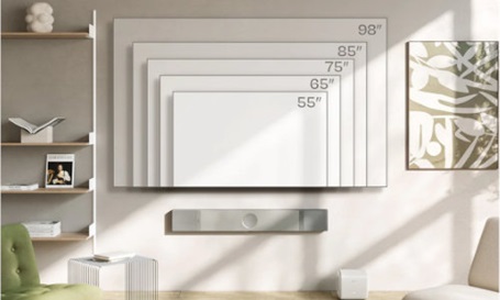 KEF XIO mit Größenvorschau von TV Geräten